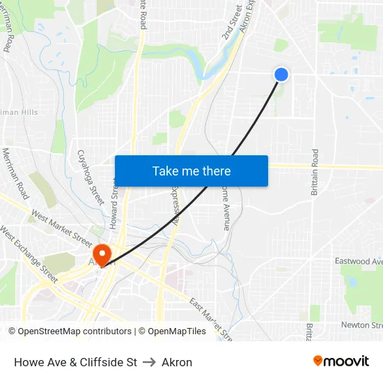 Howe Ave & Cliffside St to Akron map