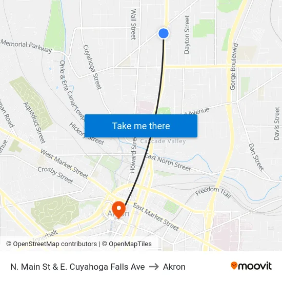 N. Main St & E. Cuyahoga Falls Ave to Akron map