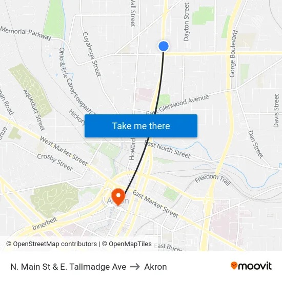 N. Main St & E. Tallmadge Ave to Akron map
