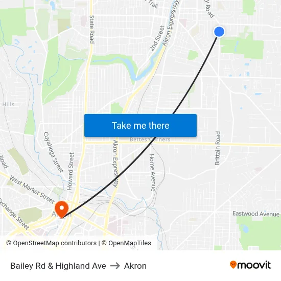 Bailey Rd & Highland Ave to Akron map