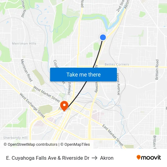E. Cuyahoga Falls Ave & Riverside Dr to Akron map