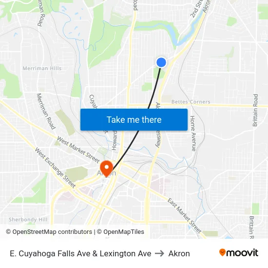 E. Cuyahoga Falls Ave & Lexington Ave to Akron map
