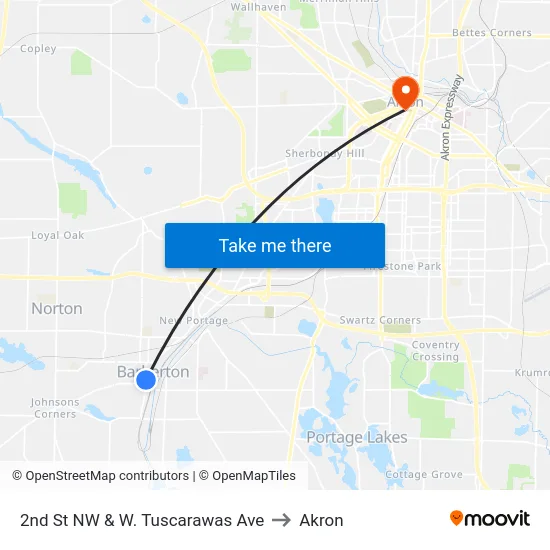 2nd St NW & W. Tuscarawas Ave to Akron map