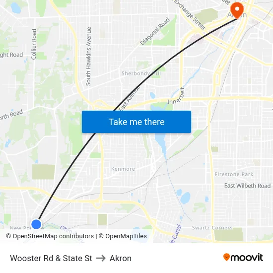 Wooster Rd & State St to Akron map