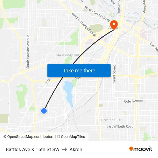 Battles Ave & 16th St SW to Akron map