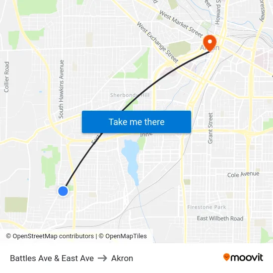 Battles Ave & East Ave to Akron map