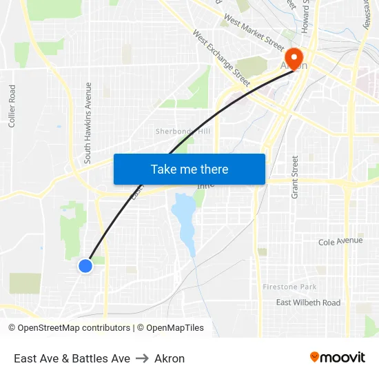 East Ave & Battles Ave to Akron map