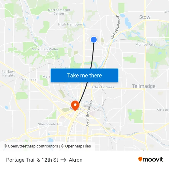 Portage Trail & 12th St to Akron map