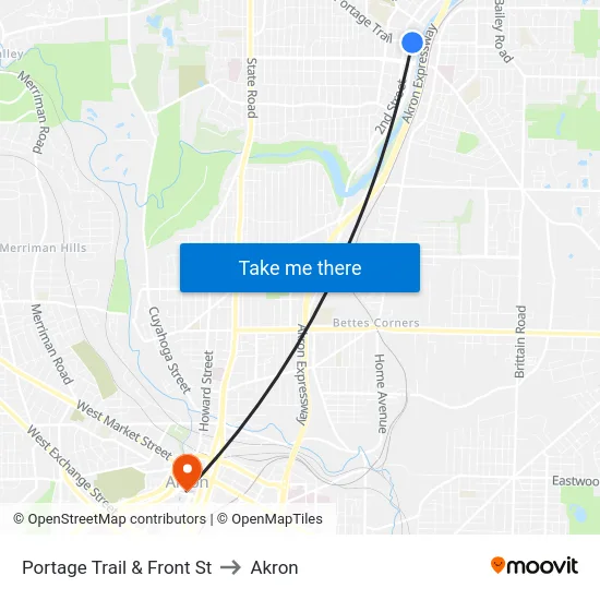 Portage Trail & Front St to Akron map