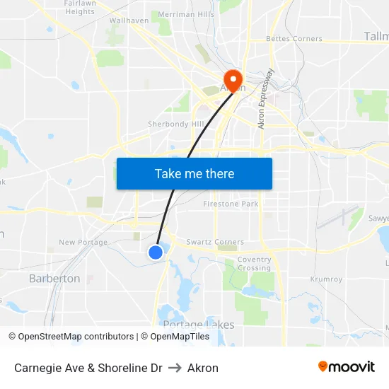 Carnegie Ave & Shoreline Dr to Akron map
