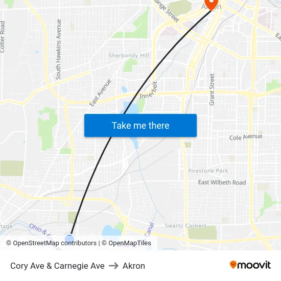 Cory Ave & Carnegie Ave to Akron map