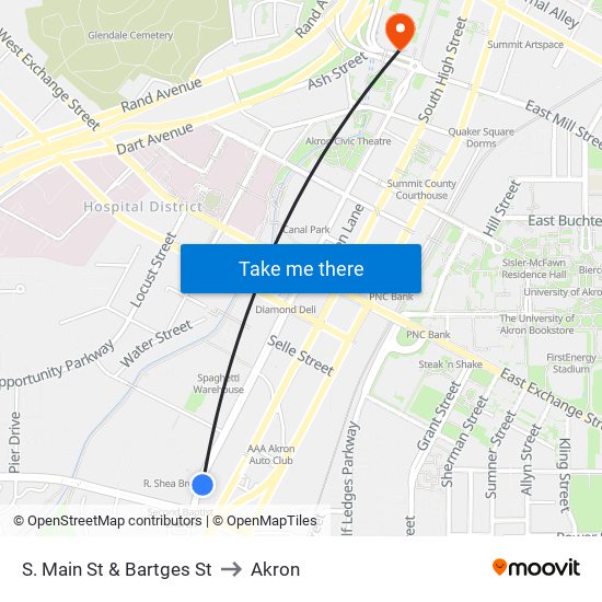 S. Main St & Bartges St to Akron map