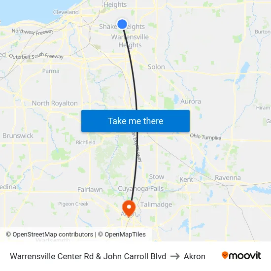 Warrensville Center Rd & John Carroll Blvd to Akron map