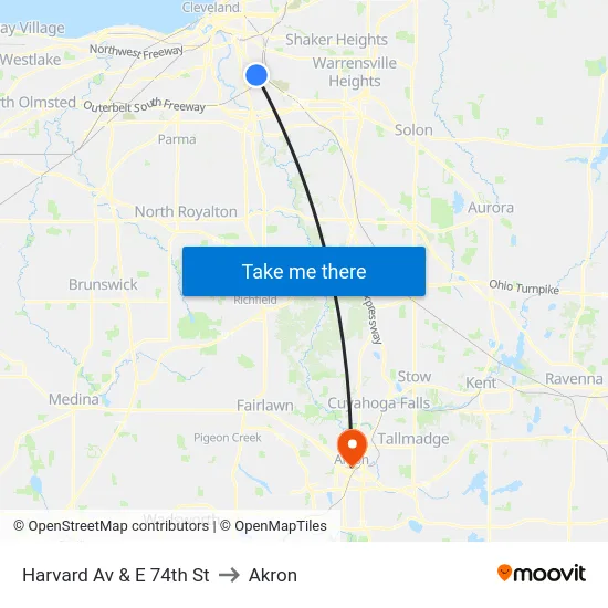Harvard Av & E 74th St to Akron map