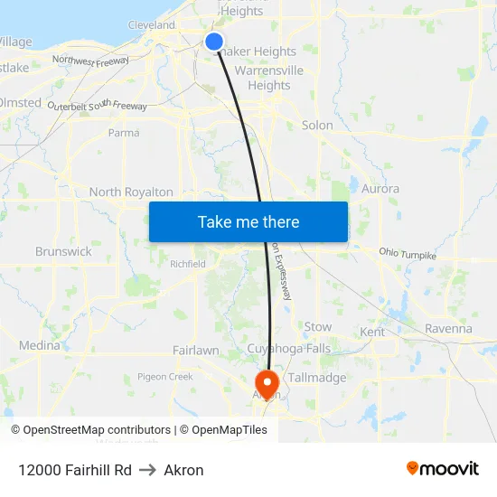 12000 Fairhill Rd to Akron map