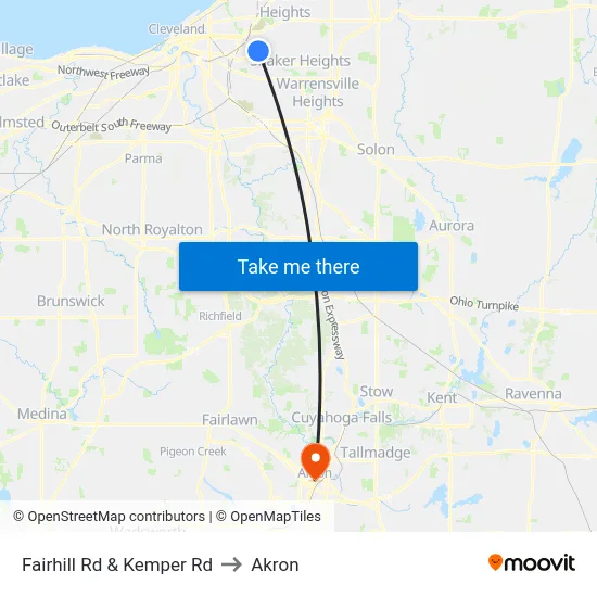 Fairhill Rd & Kemper Rd to Akron map
