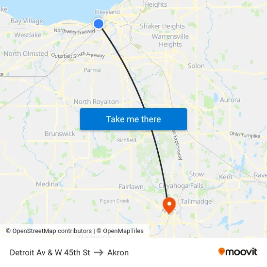 Detroit Av & W 45th St to Akron map