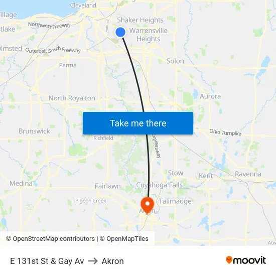 E 131st St & Gay Av to Akron map