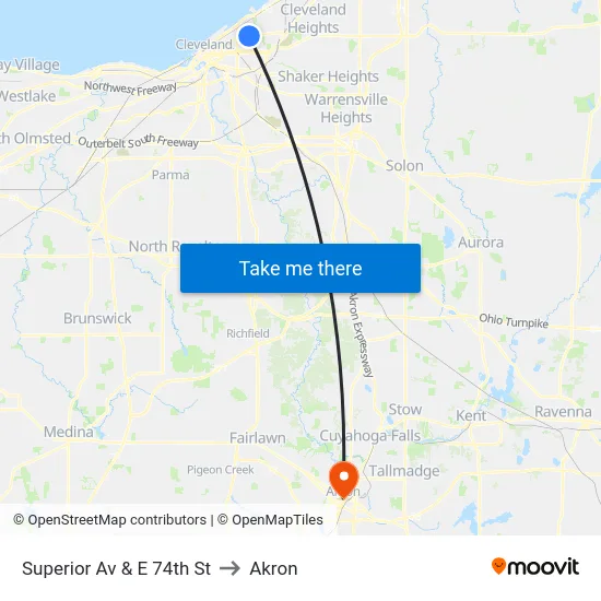 Superior Av & E 74th St to Akron map