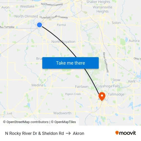 N Rocky River Dr & Sheldon Rd to Akron map