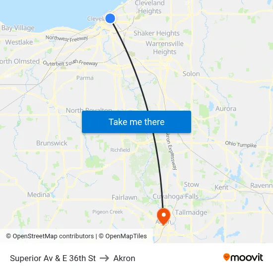 Superior Av & E 36th St to Akron map