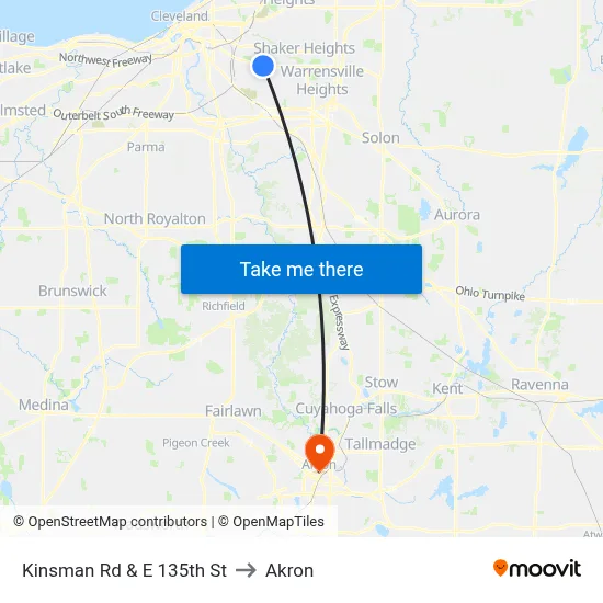 Kinsman Rd & E 135th St to Akron map