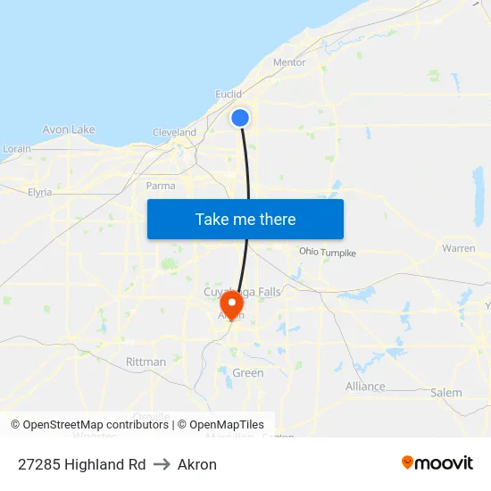 27285 Highland Rd to Akron map