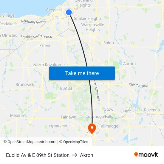 Euclid Av & E 89th St Station to Akron map