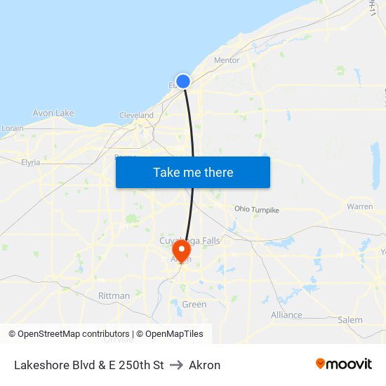 Lakeshore Blvd & E 250th St to Akron map