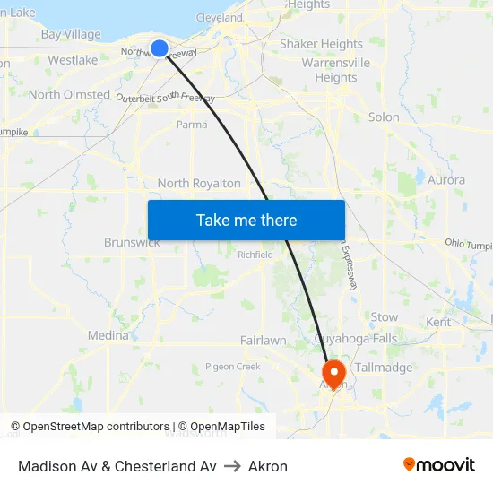 Madison Av & Chesterland Av to Akron map