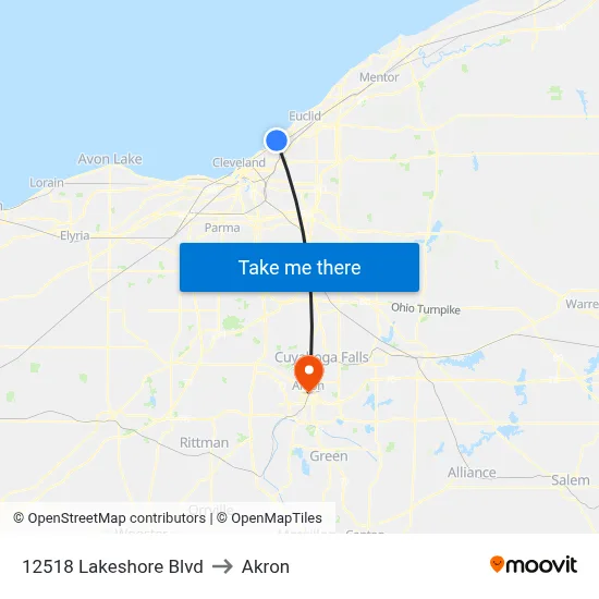 12518 Lakeshore Blvd to Akron map