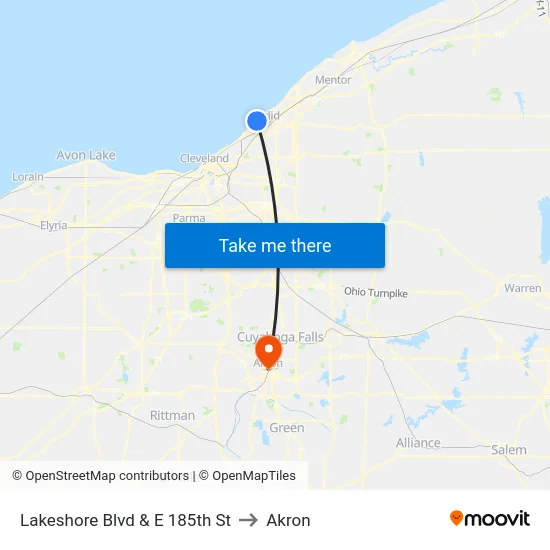 Lakeshore Blvd & E 185th St to Akron map