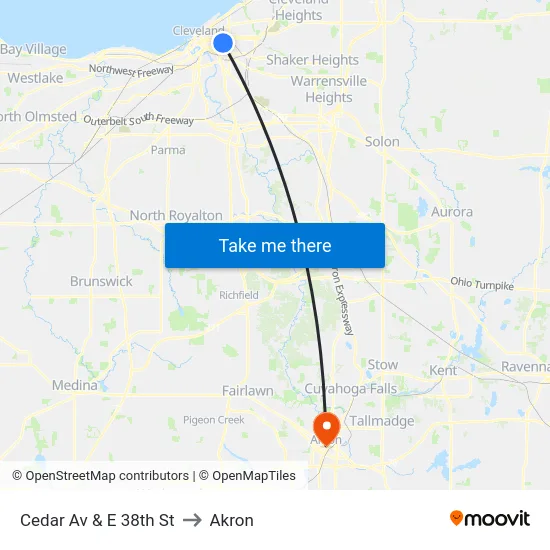 Cedar Av & E 38th St to Akron map