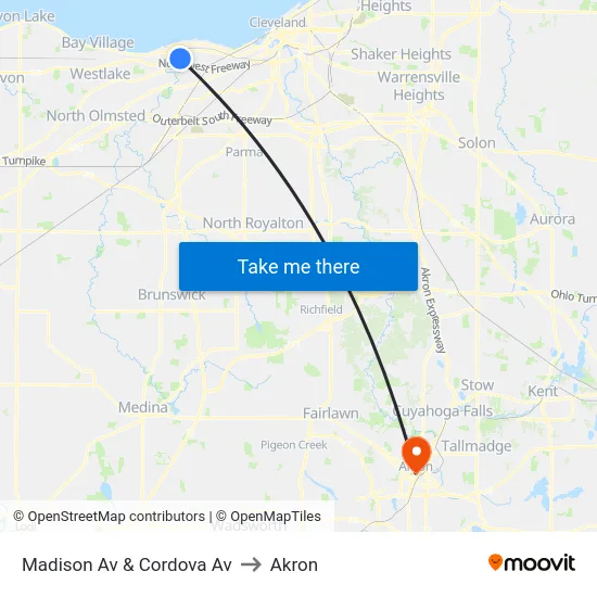 Madison Av & Cordova Av to Akron map