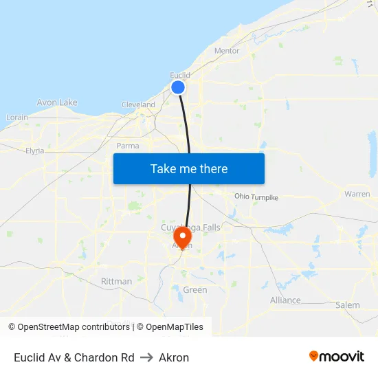 Euclid Av & Chardon Rd to Akron map