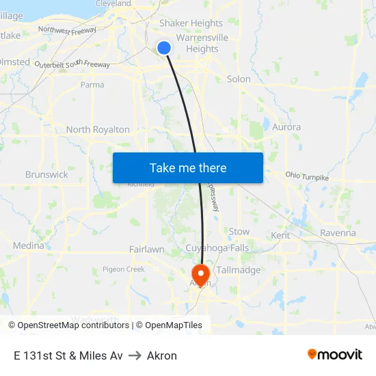 E 131st St & Miles Av to Akron map