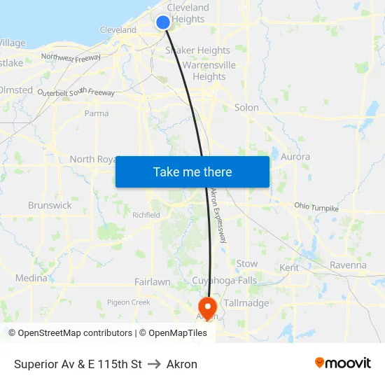 Superior Av & E 115th St to Akron map