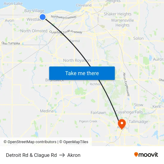 Detroit Rd & Clague Rd to Akron map