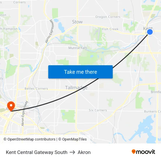 Kent Central Gateway South to Akron map