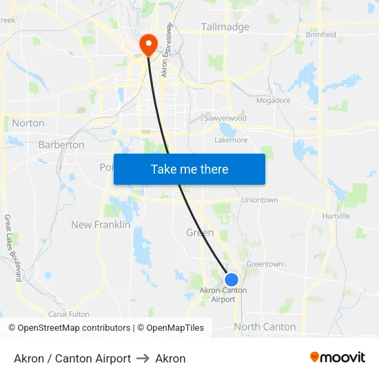 Akron / Canton Airport to Akron map