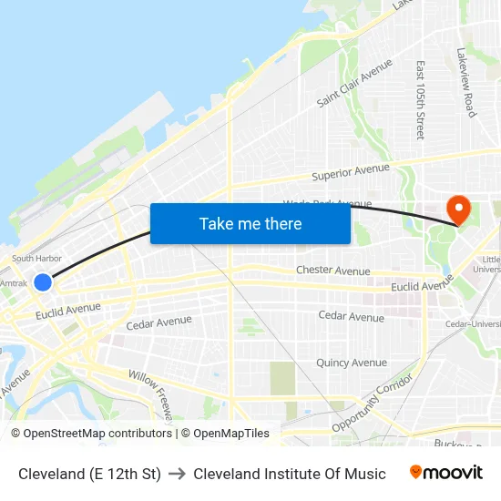 Cleveland (E 12th St) to Cleveland Institute Of Music map