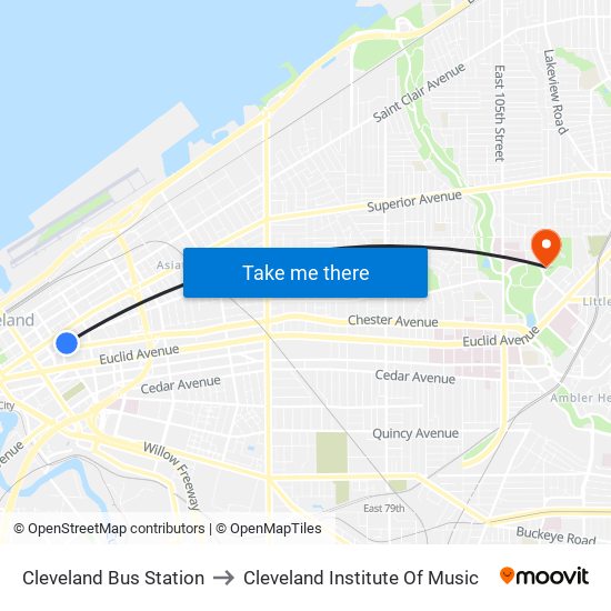 Cleveland Bus Station to Cleveland Institute Of Music map