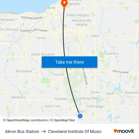 Akron Bus Station to Cleveland Institute Of Music map