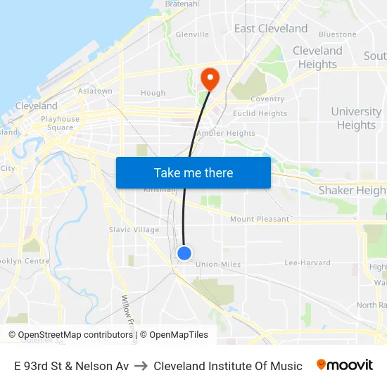 E 93rd St & Nelson Av to Cleveland Institute Of Music map