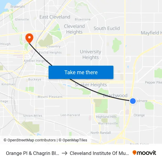 Orange Pl & Chagrin Blvd to Cleveland Institute Of Music map