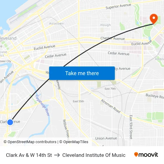 Clark Av & W 14th St to Cleveland Institute Of Music map