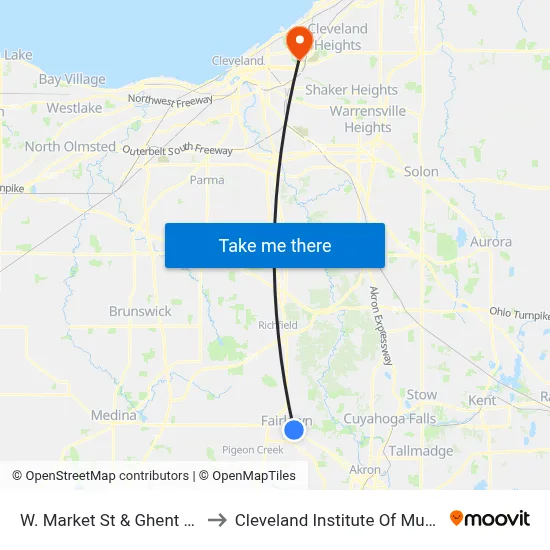 W. Market St & Ghent Rd to Cleveland Institute Of Music map