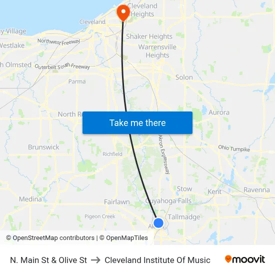 N. Main St & Olive St to Cleveland Institute Of Music map