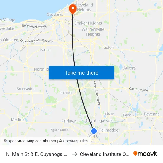 N. Main St & E. Cuyahoga Falls Ave to Cleveland Institute Of Music map
