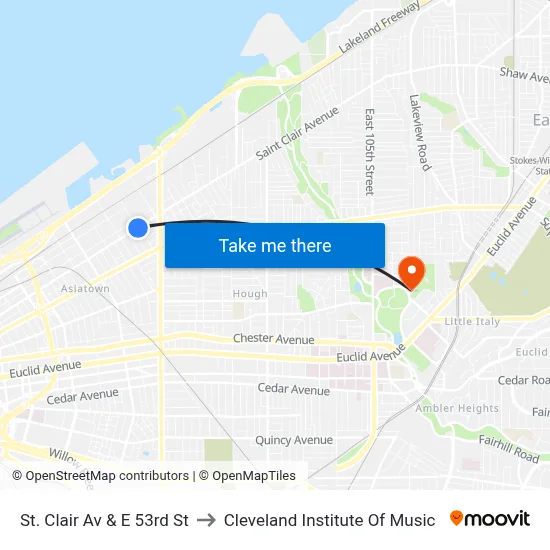 St. Clair Av & E 53rd St to Cleveland Institute Of Music map